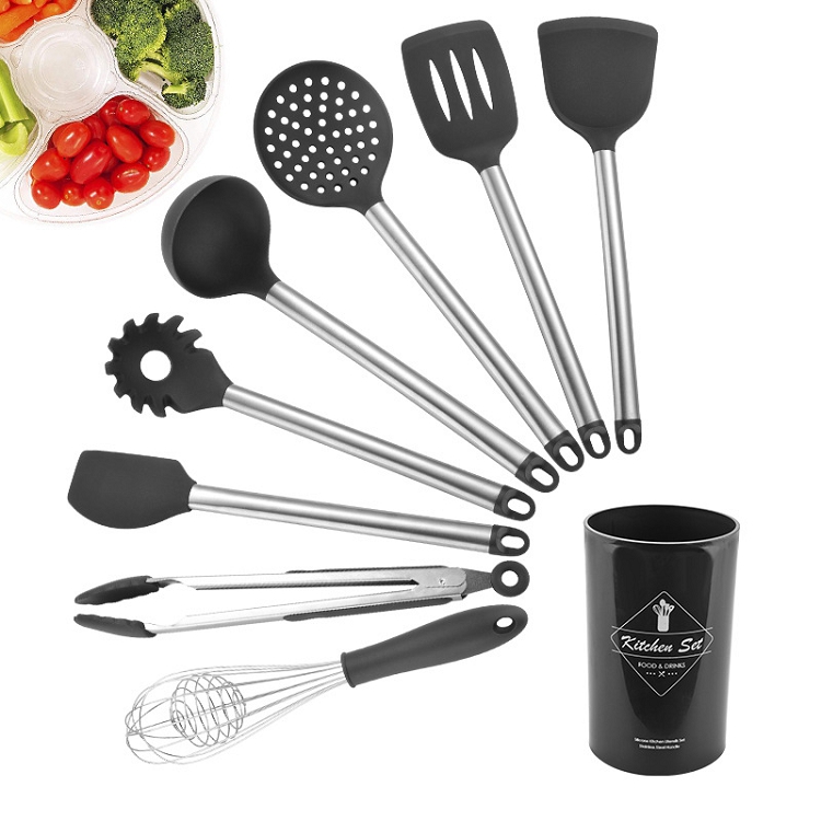 Wholesale 8 Pcs Serving Reusable Household Cooking Tool Silicon Heat Resistant Stainless Steel Kitchen Utensils Set