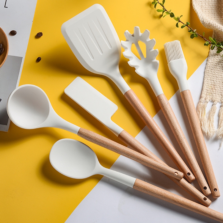 BPA Free Non Toxic 11pcs Silicone Cooking milky white Kitchen Utensil Set Tools with Wood Handles Turner Tongs Spatula Spoon