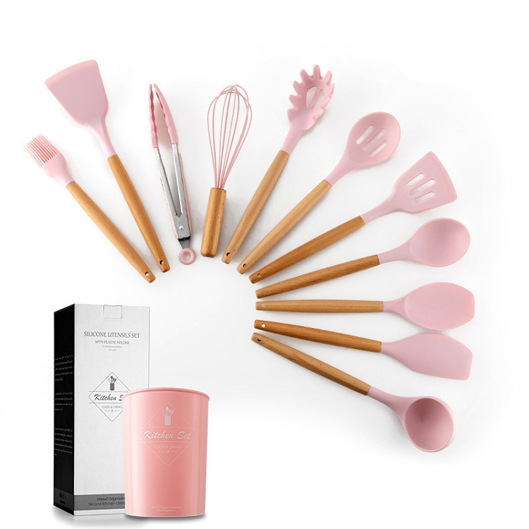 Newell Grey Set Bamboo Wooden Kitchen Set Cooking Eco Friendly Kitchen Set Silicone Kitchen Utensils With Engrave Logo
