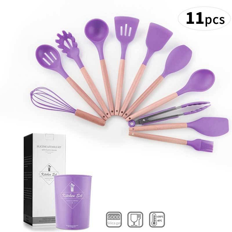 Newell Grey Set Bamboo Wooden Kitchen Set Cooking Eco Friendly Kitchen Set Silicone Kitchen Utensils With Engrave Logo
