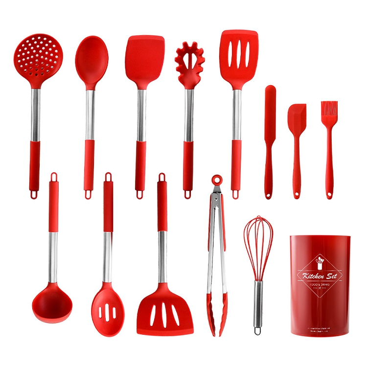 Silicone Kitchenware Set of 14 Stainless Steel Tube Handle Silicone Kitchenware Set Kitchen Utensils Ruya Company Color: Red/Silver