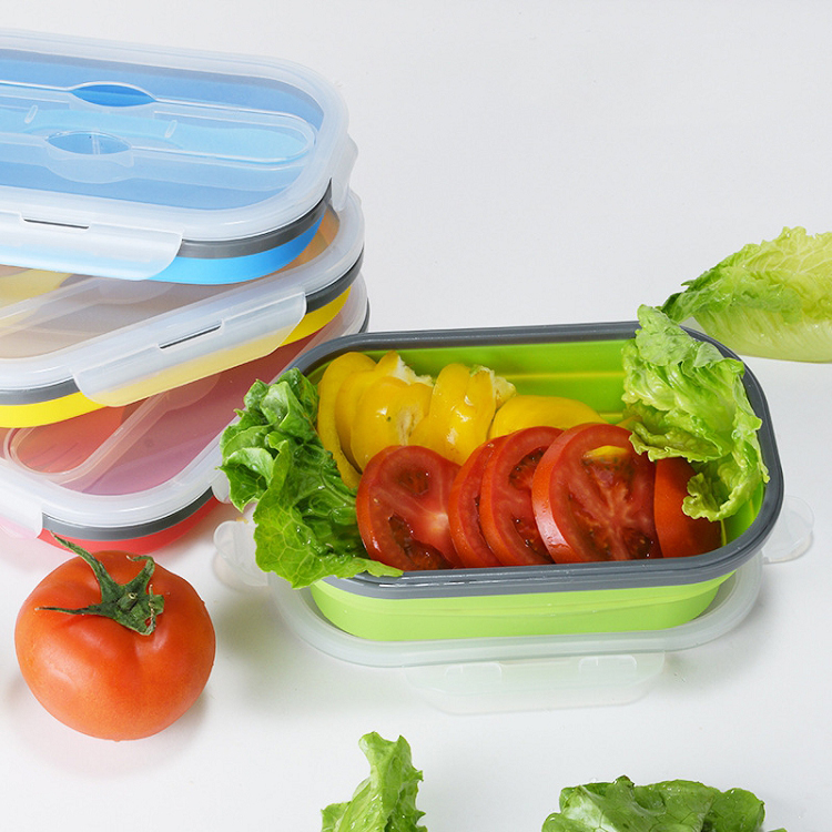 Creative picnic lunch Container silicone retractable fresh folding lunch box with fork