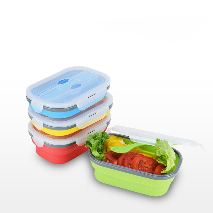 Creative picnic lunch Container silicone retractable fresh folding lunch box with fork