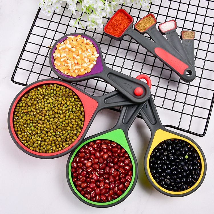 8 pieces baking tools green plastic measurement spoon silicone coffee measuring cups and spoons set
