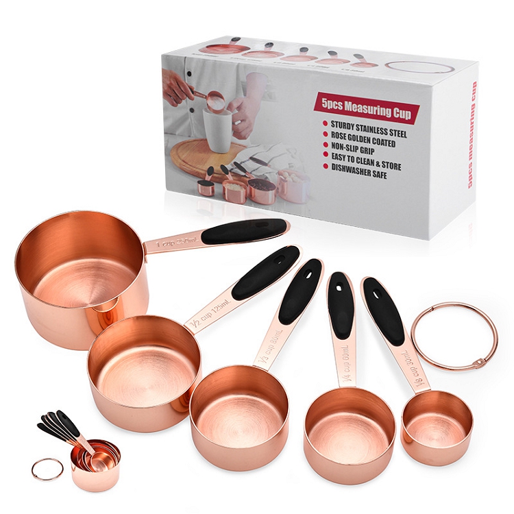 5 Piece cooking baking measuring tools rose gold stainless steel measuring cups