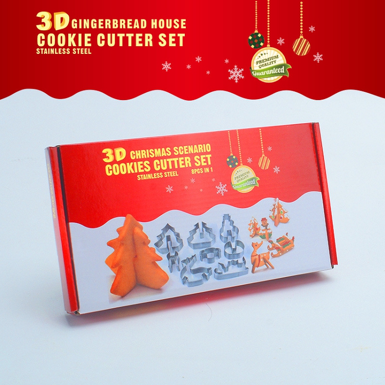 Baking Tools Stainless Steel Biscuit Mould 8 Piece Set 3D Christmas Three-dimensional Cookie Printing Cake Mould None