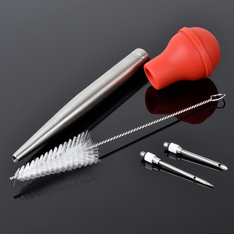Stainless Steel Heat Resistant Meat Injectors Baster Syringe With Silicone Bulb and Brush