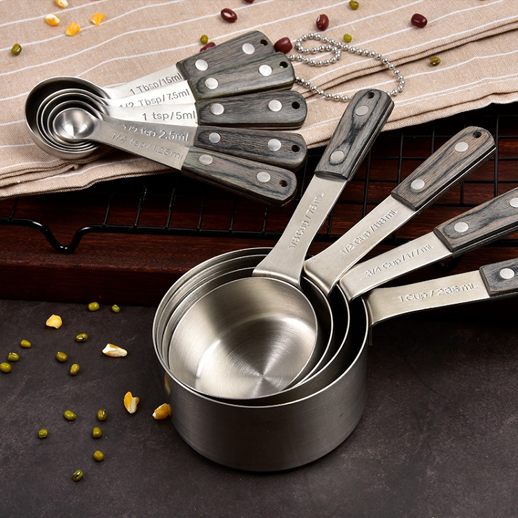 304 stainless steel color wood handle measuring cup and Spoon Set baking cup measuring liquid seasoning measuring spoon