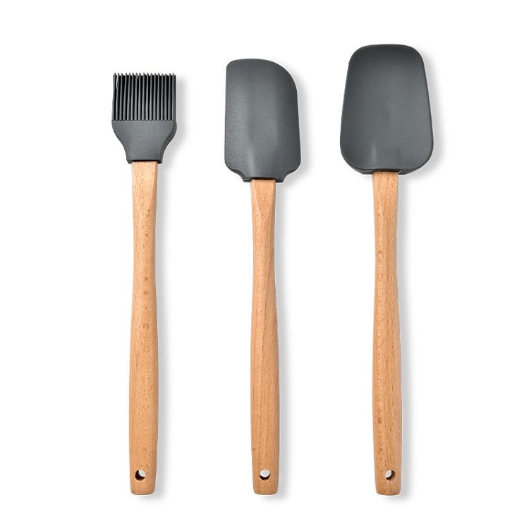 wholesale price 3 piece wooden handle spatula oil brush set wood handle silicone baking tool kitchen cake ice cream spatula