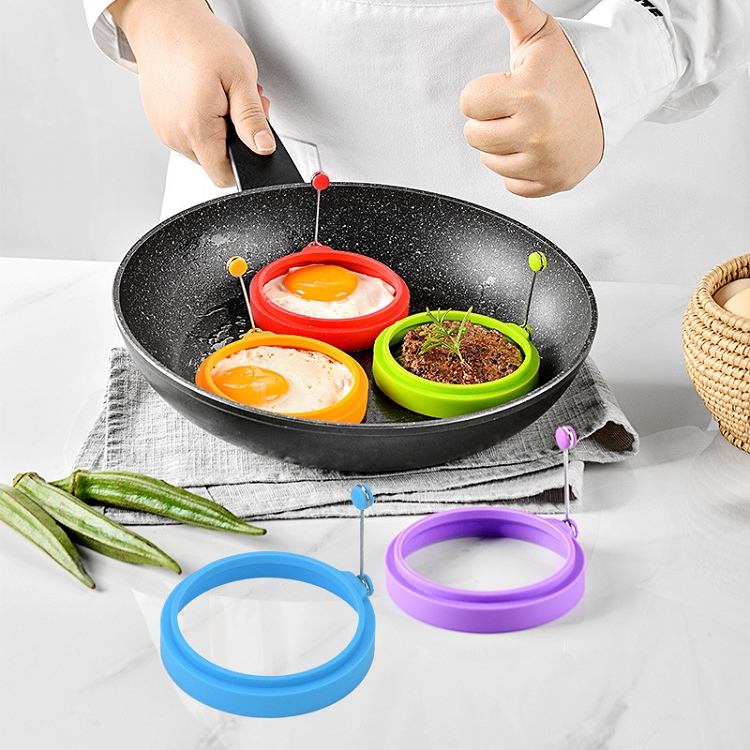 Silicone Ring Omelette Frying Poached Egg Ring Hamburger Mould with Handle Round Silicone Omelette
