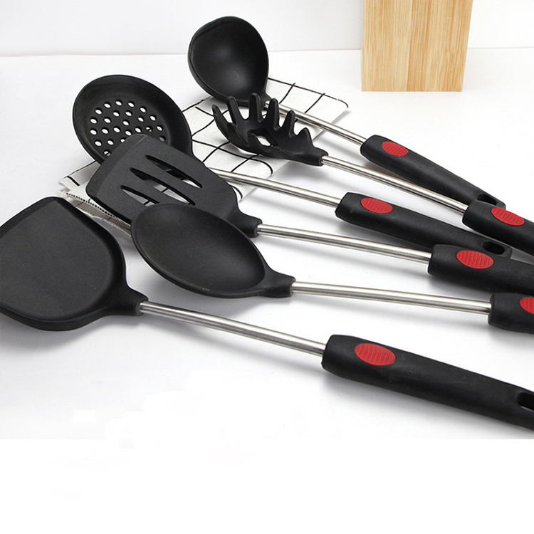 Amazon kitchen non-stick pan anti-hot spatula 304 stainless steel handle silicone kitchen utensil set customized