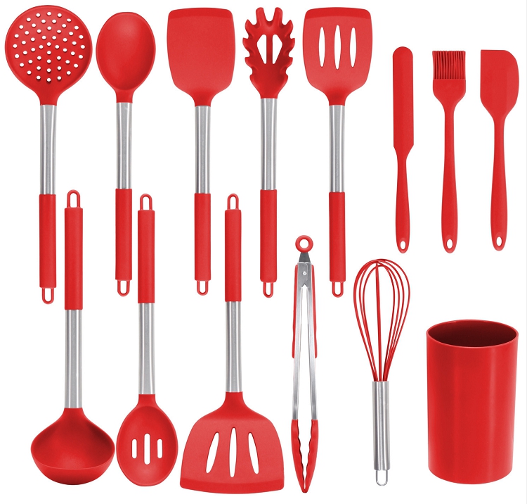 Amazon best seller 15pcs silicone kitchen accessories stainless steel handle utensils cookware tools set with PP holder