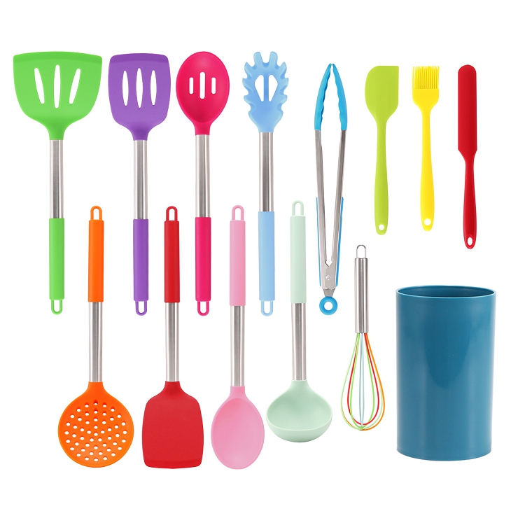Amazon best seller 15pcs silicone kitchen accessories stainless steel handle utensils cookware tools set with PP holder