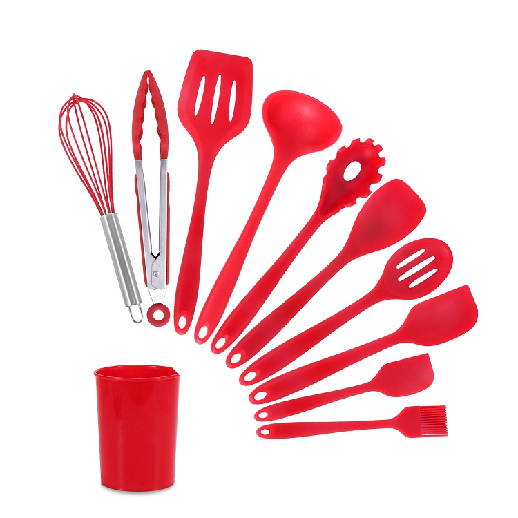 Hot Wholesale Multipurpose Kitchen Accessories 11 Pcs Cooking Tools Silicone Stainless Steel Utensil Red Set