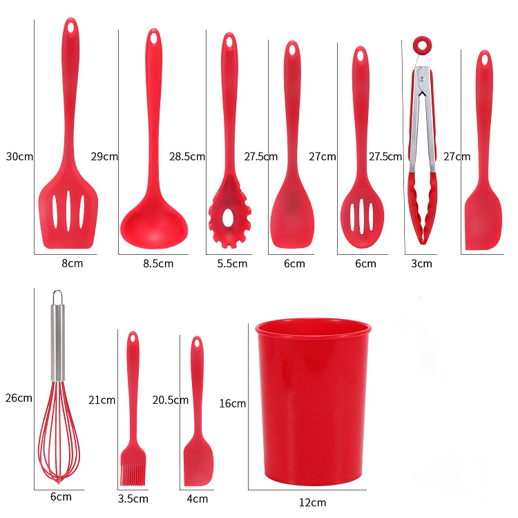 Hot Wholesale Multipurpose Kitchen Accessories 11 Pcs Cooking Tools Silicone Stainless Steel Utensil Red Set