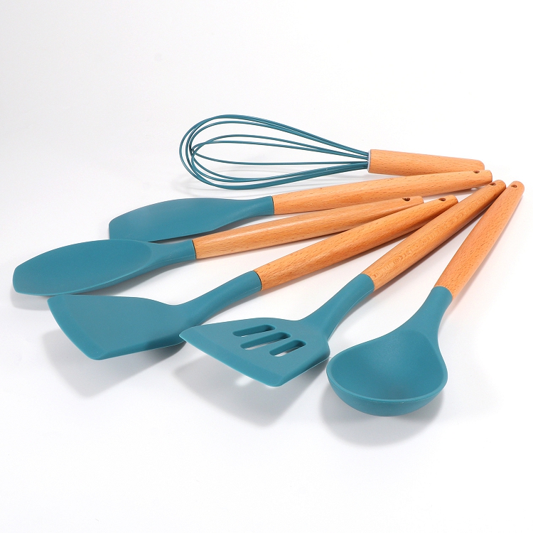 Amazon Hot Seller Natural Wood Cooking Tool Silicone Kitchen Utensil Set