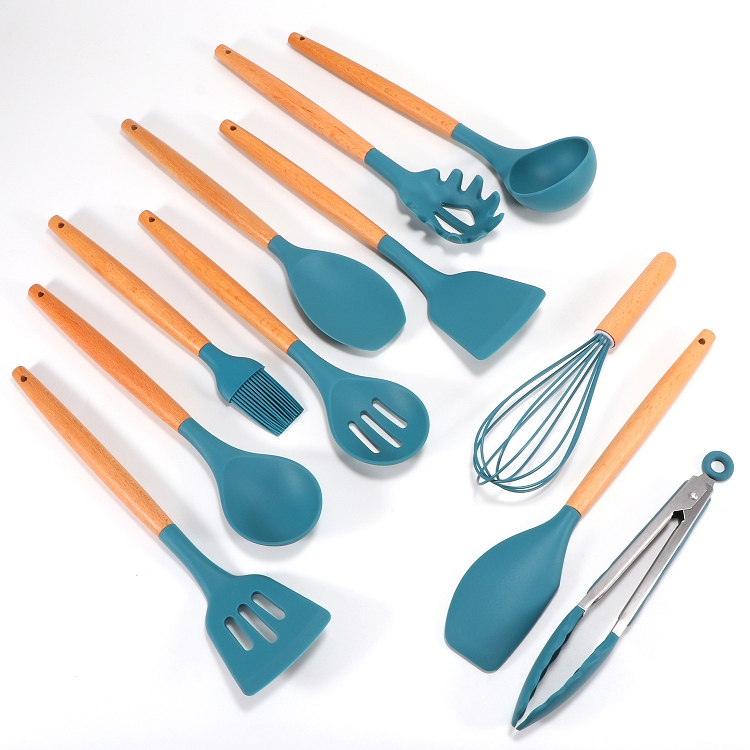 Amazon Hot Seller Natural Wood Cooking Tool Silicone Kitchen Utensil Set