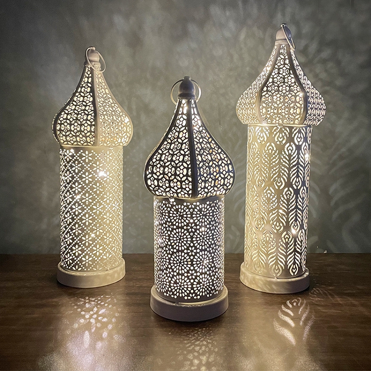 New Moroccan white hollow-out LED wind lamp iron lantern home bedroom living room atmosphere surrounding decorative lights and ornaments