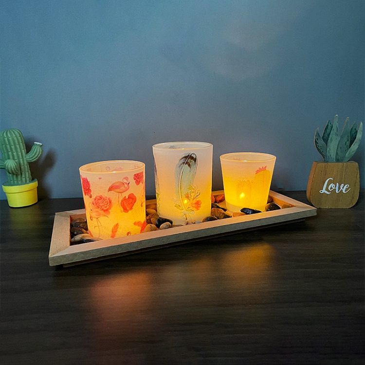 Wooden glass candlestick set Flamingo series home bedroom living room glass pattern candle candlestick set