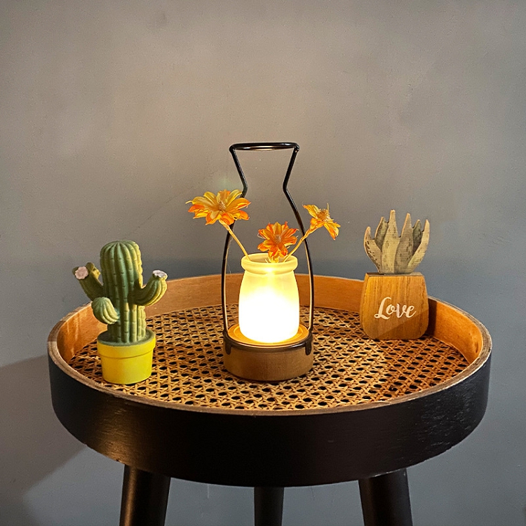 Nordic INS furniture desk decoration LED wrought iron wooden base vase frosted glass translucent decoration