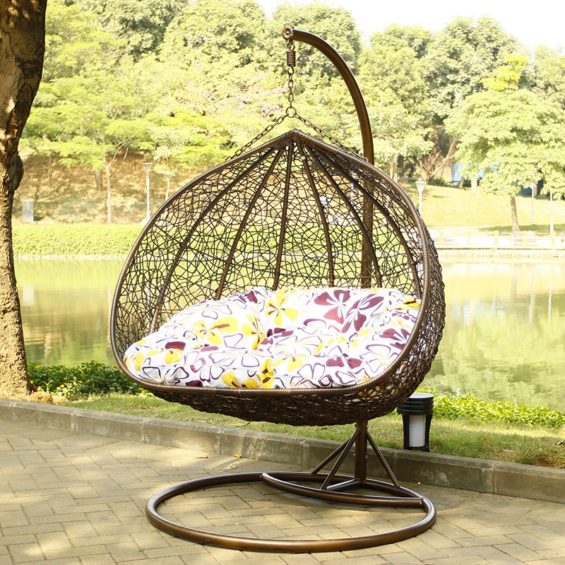 Patio rattan wicker double seat hanging egg swing chair with metal stand