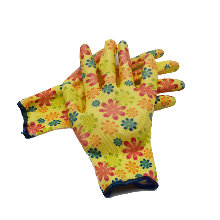 High quality 13G polyester gloves , pu coated printing flower garden safety gloves