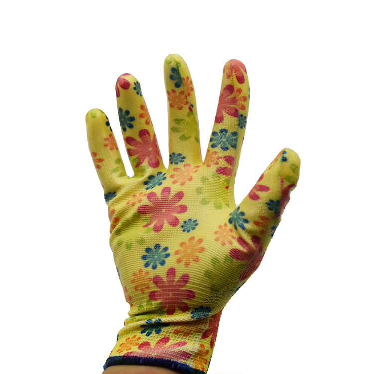 High quality 13G polyester gloves , pu coated printing flower garden safety gloves