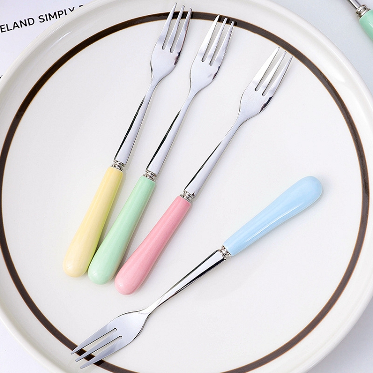 Ins creative Japanese candy color ceramic handle stainless steel knife and fork fruit dessert stainless steel fork western tableware
