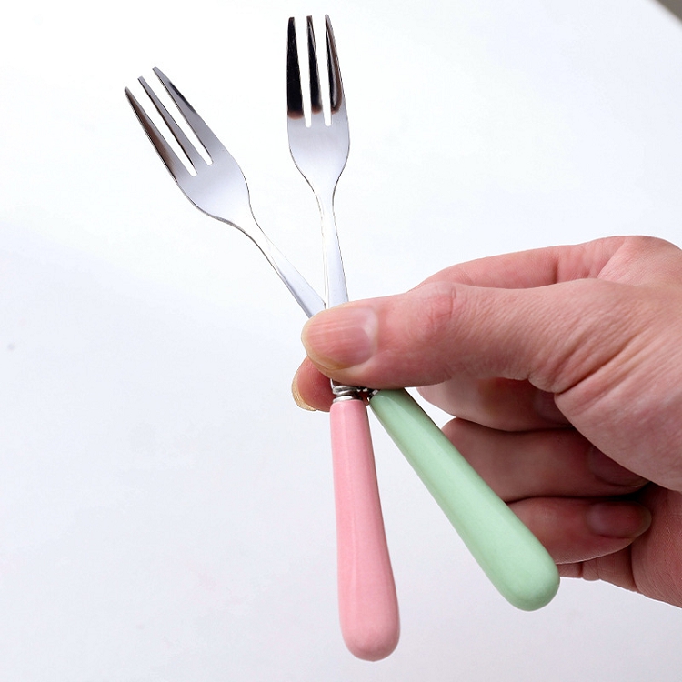 Ins creative Japanese candy color ceramic handle stainless steel knife and fork fruit dessert stainless steel fork western tableware