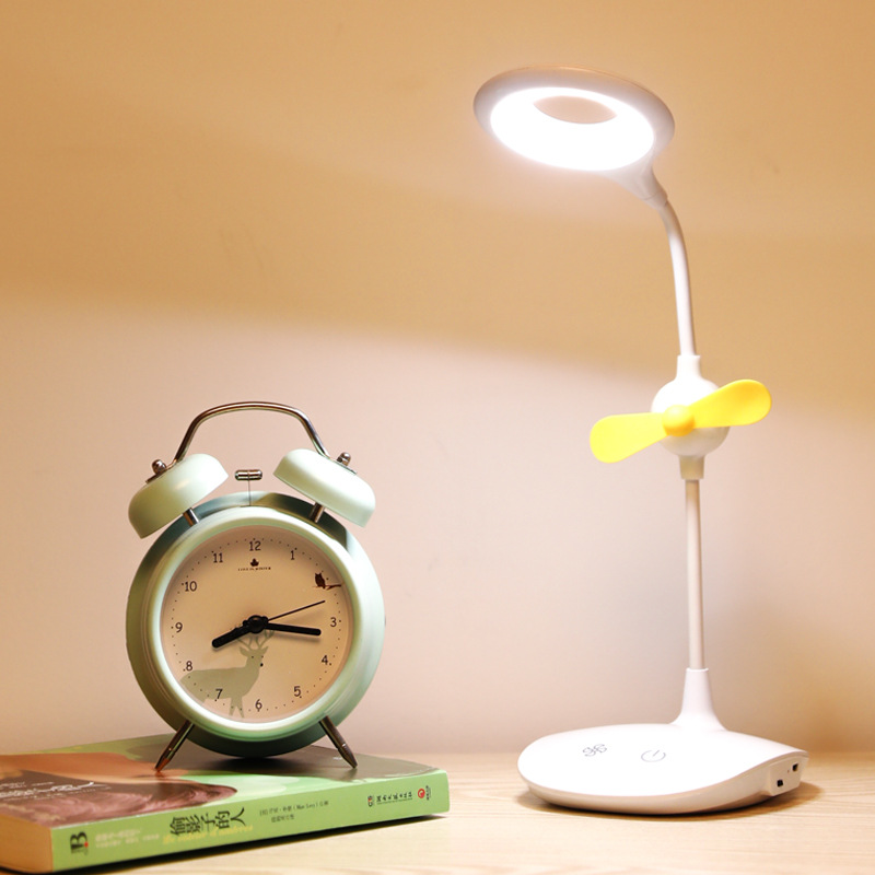 USB LED Table Light Cordless Office Work Light Desk Lamp With Mini Fan